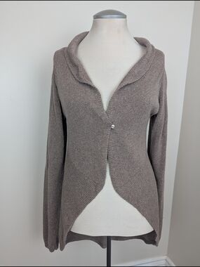 Mexx Taupe Open-Front Shawl Collar Cardigan With Decorative Swirl Pattern Back